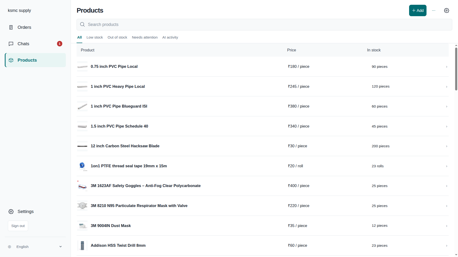ShopBot product catalog showing products, prices, and stock